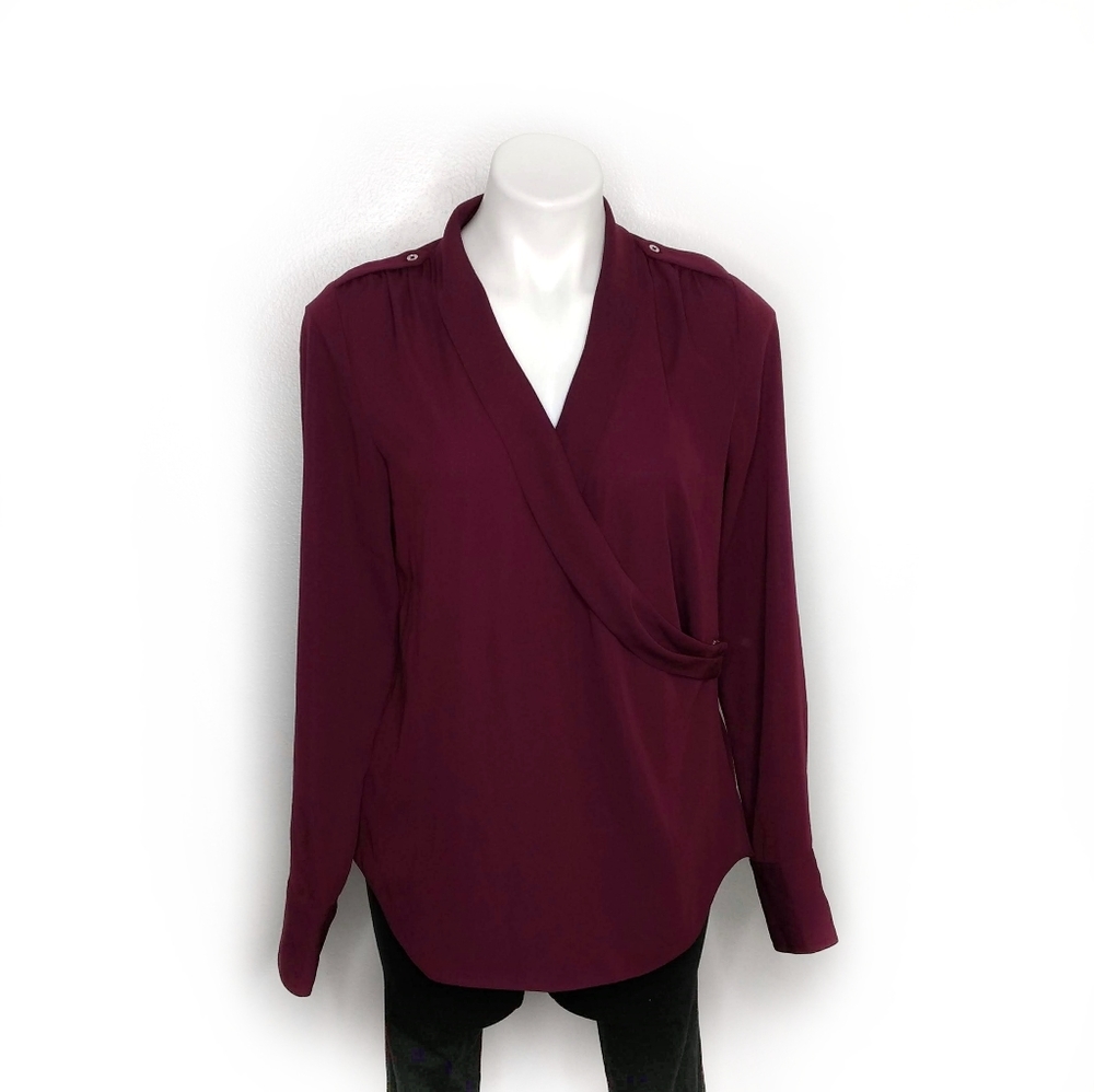 White House Black Market Maroon Long Sleeve Wrap Blouse